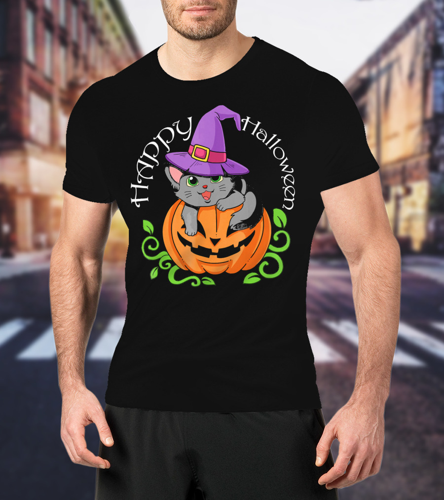 Happy Halloween Cat In Witch Hat On Pumpkin T-Shirt