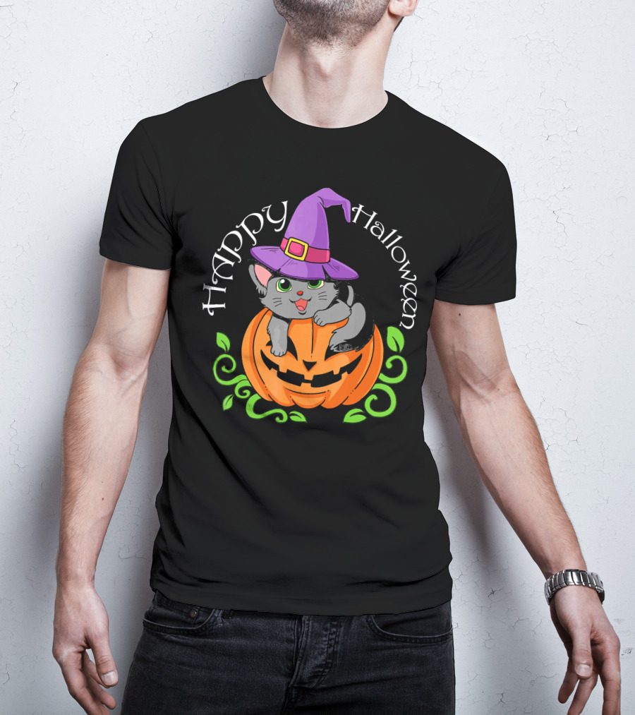 Happy Halloween Cat In Witch Hat On Pumpkin T-Shirt