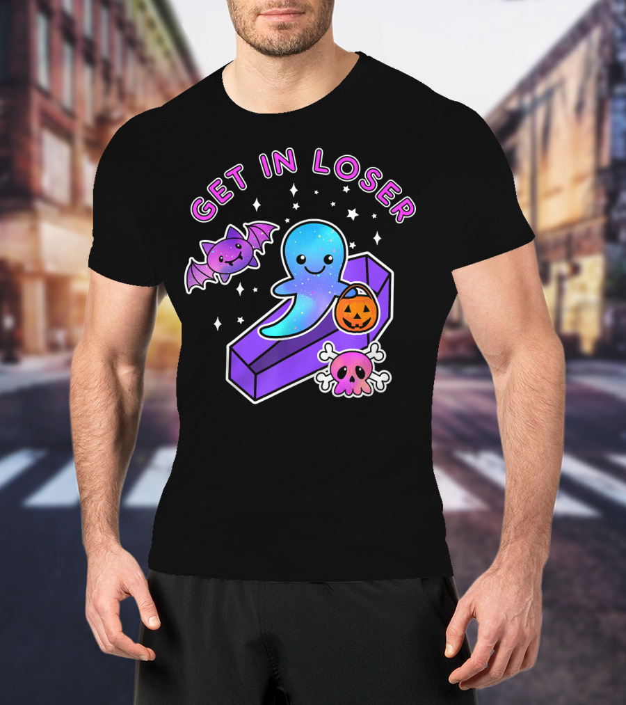 Get In Loser Kawaii Pastel Goth Halloween Ghost Coffin With Bat And Pumpkin T-Shirt