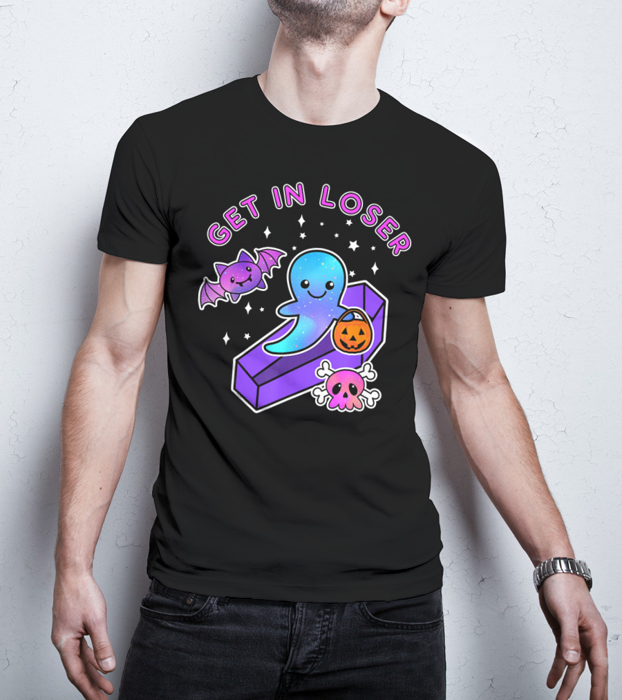 Get In Loser Kawaii Pastel Goth Halloween Ghost Coffin With Bat And Pumpkin T-Shirt