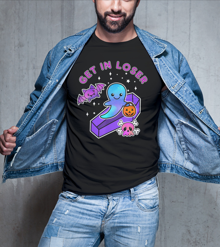 Get In Loser Kawaii Pastel Goth Halloween Ghost Coffin With Bat And Pumpkin T-Shirt