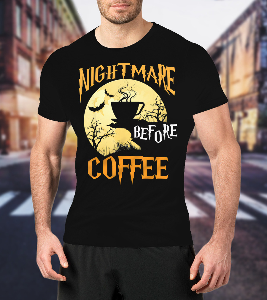 Nightmare Before Coffee Halloween Moon Bat And Tree T-Shirt