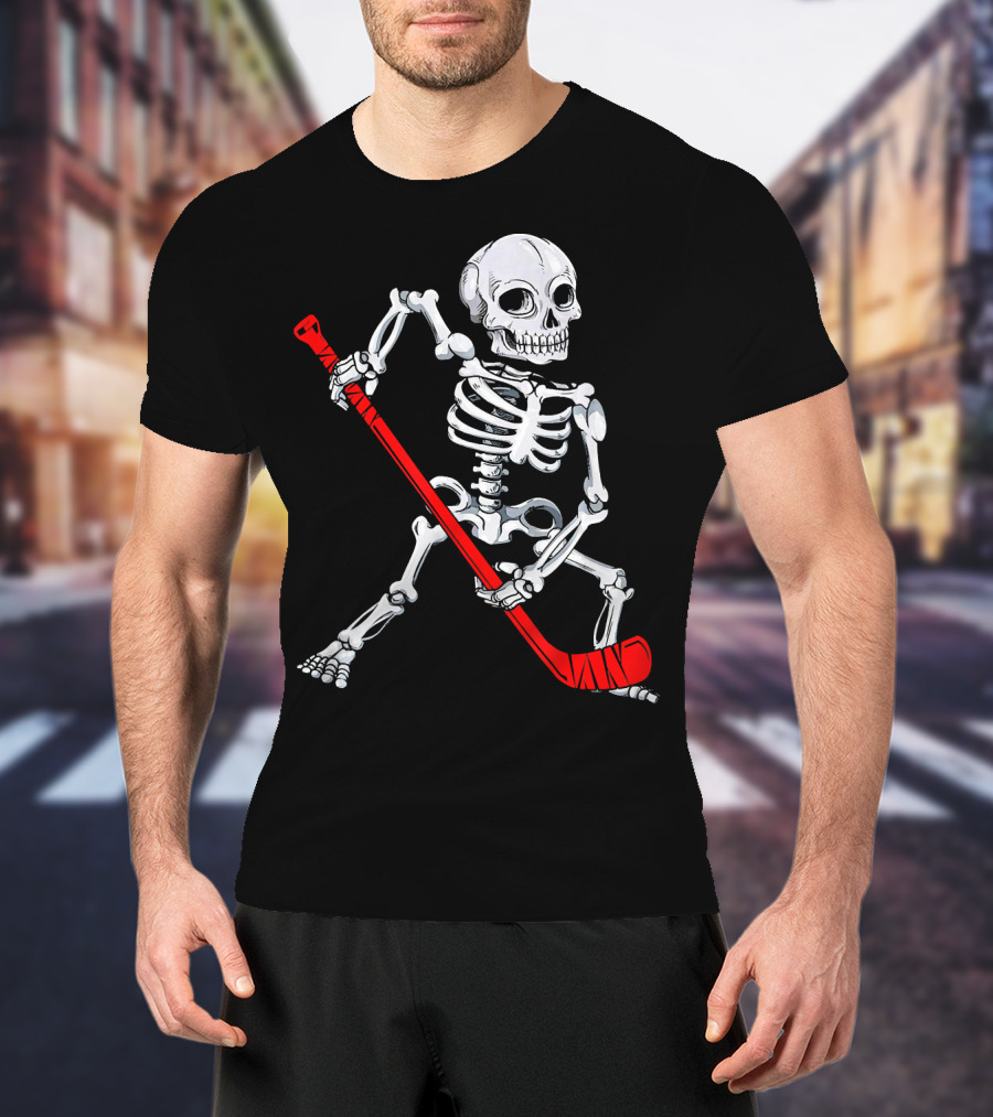 Skeleton Hockey Skeleton With Red Hockey Stick T-Shirt