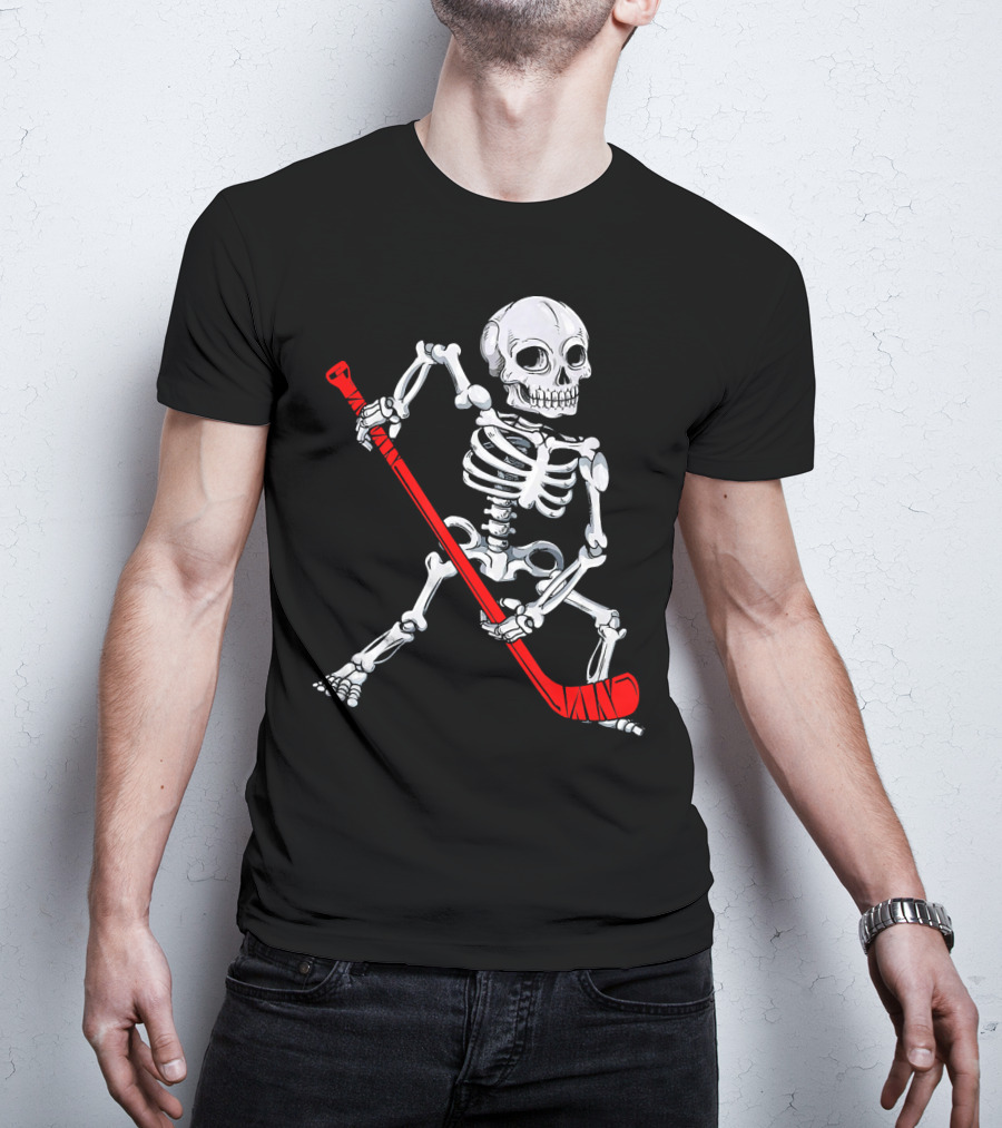 Skeleton Hockey Skeleton With Red Hockey Stick T-Shirt