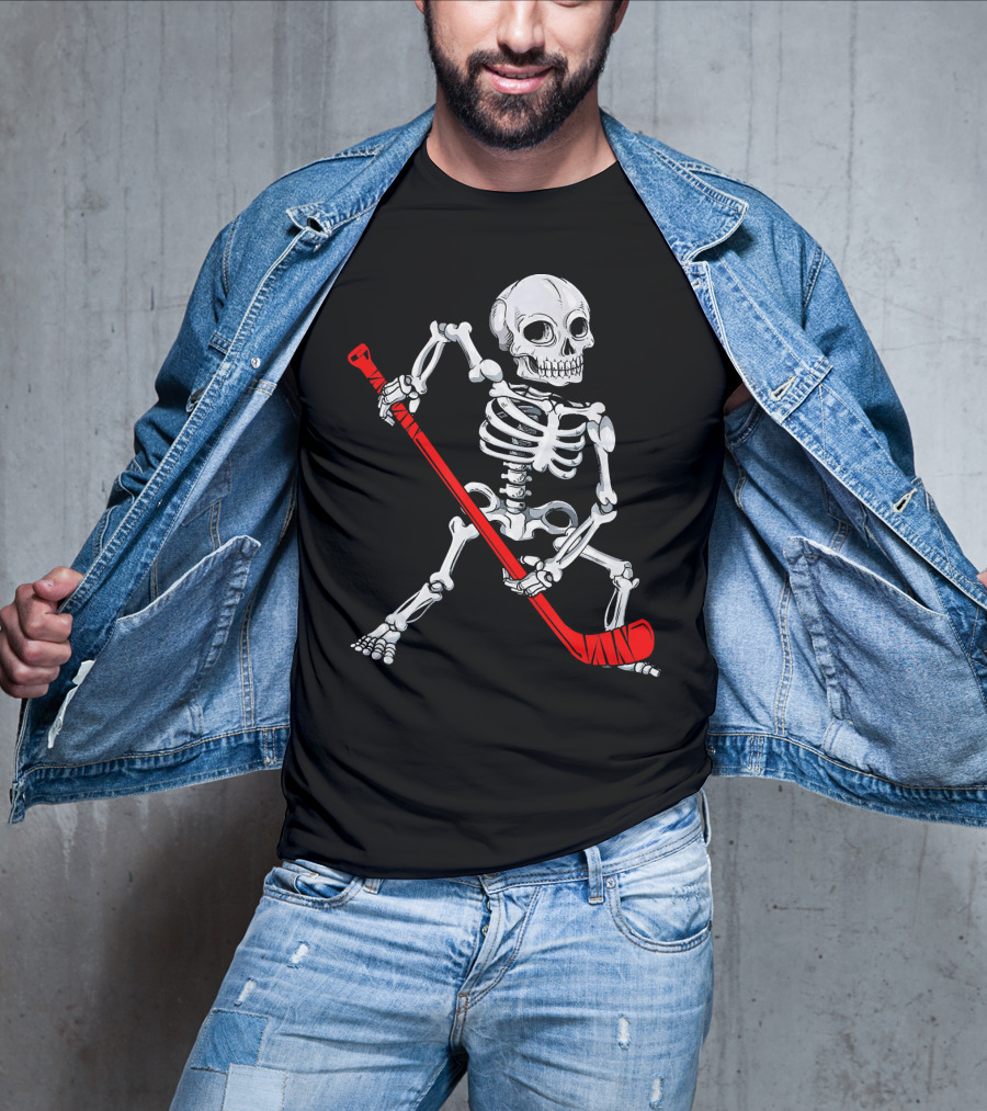 Skeleton Hockey Skeleton With Red Hockey Stick T-Shirt