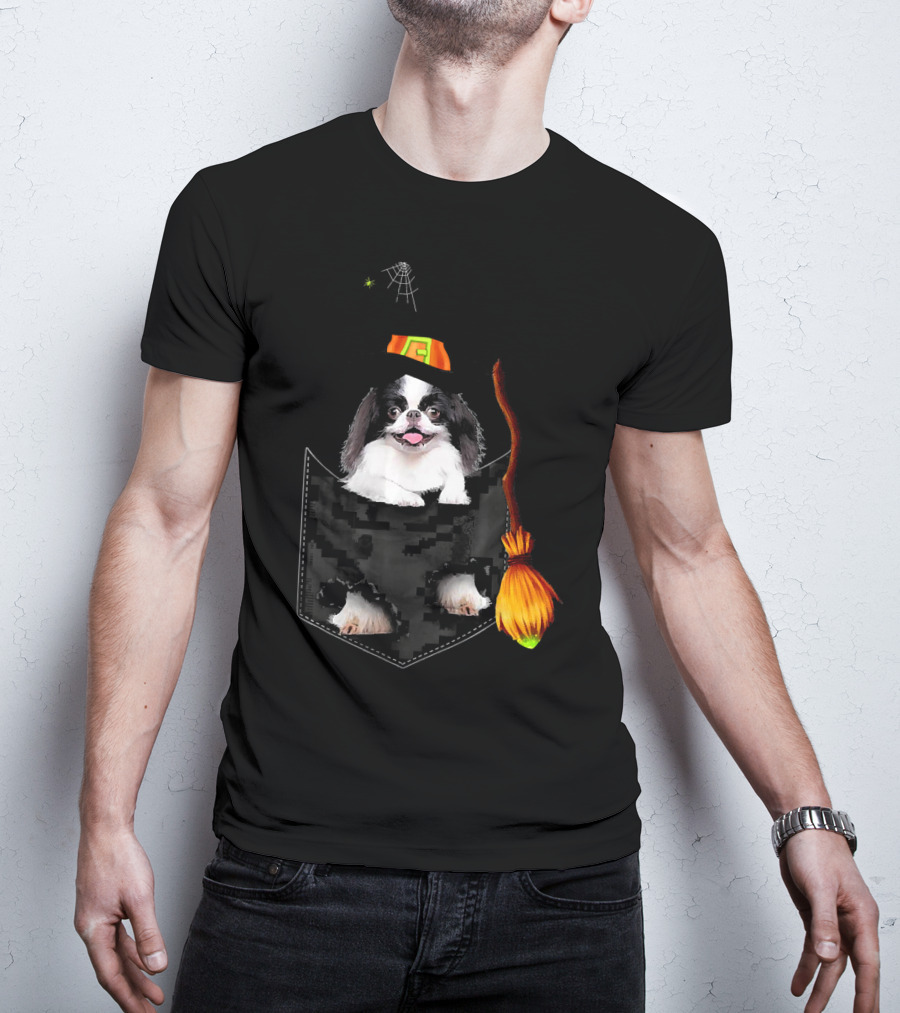 Japanese Chin Halloween Witch Hat Broom Pocket T-Shirt
