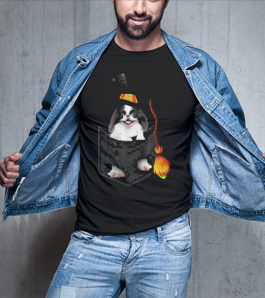 Japanese Chin Halloween Witch Hat Broom Pocket T-Shirt