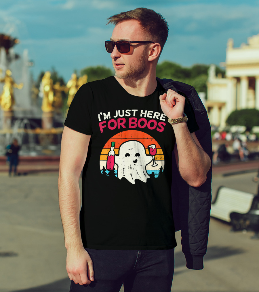 I'm Just Here For Boos Retro Ghost Wine Vintage T-Shirt