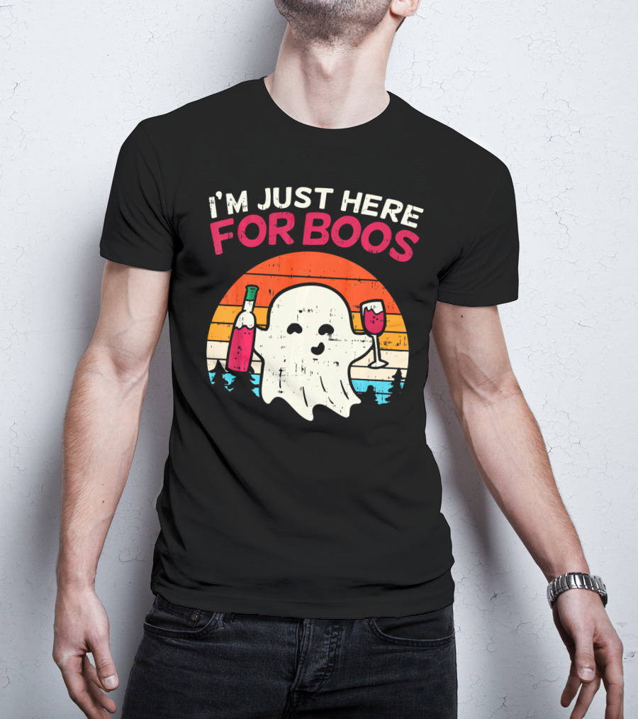 I'm Just Here For Boos Retro Ghost Wine Vintage T-Shirt