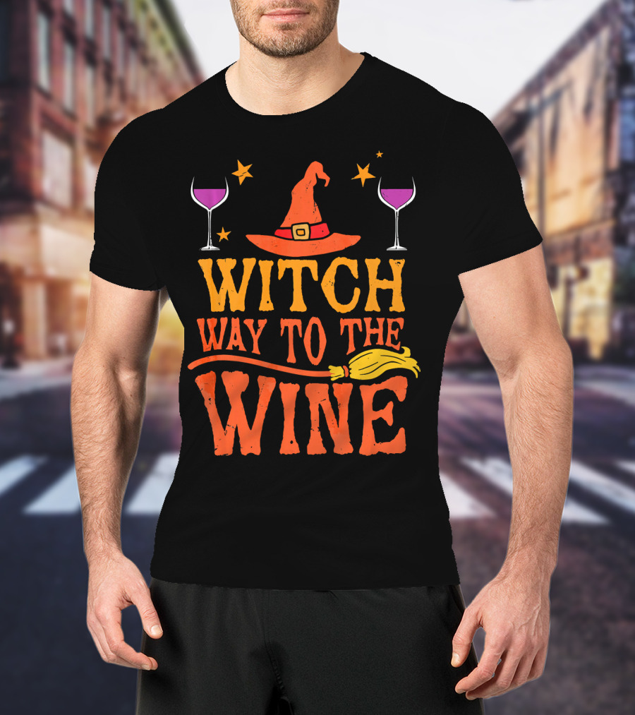Witch Way To The Wine With Hat, Stars, Glasses, And Broomstick T-Shirt