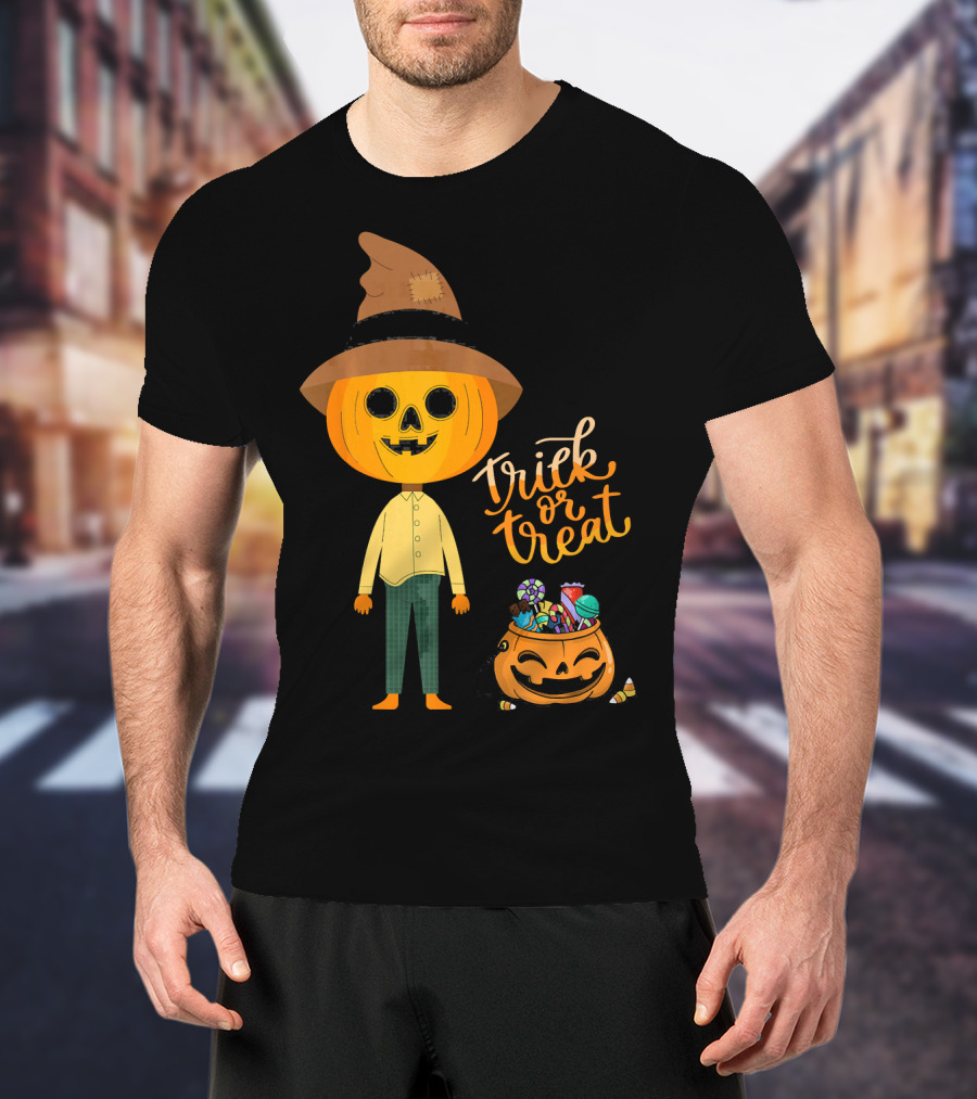 Trick Or Treat Funny Cute Halloween Pumpkin With Candy And Patchwork Hat T-Shirt