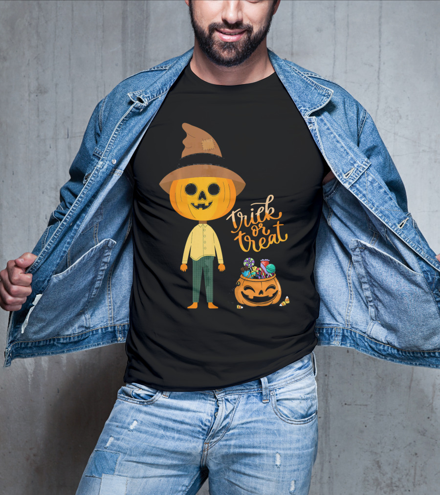 Trick Or Treat Funny Cute Halloween Pumpkin With Candy And Patchwork Hat T-Shirt