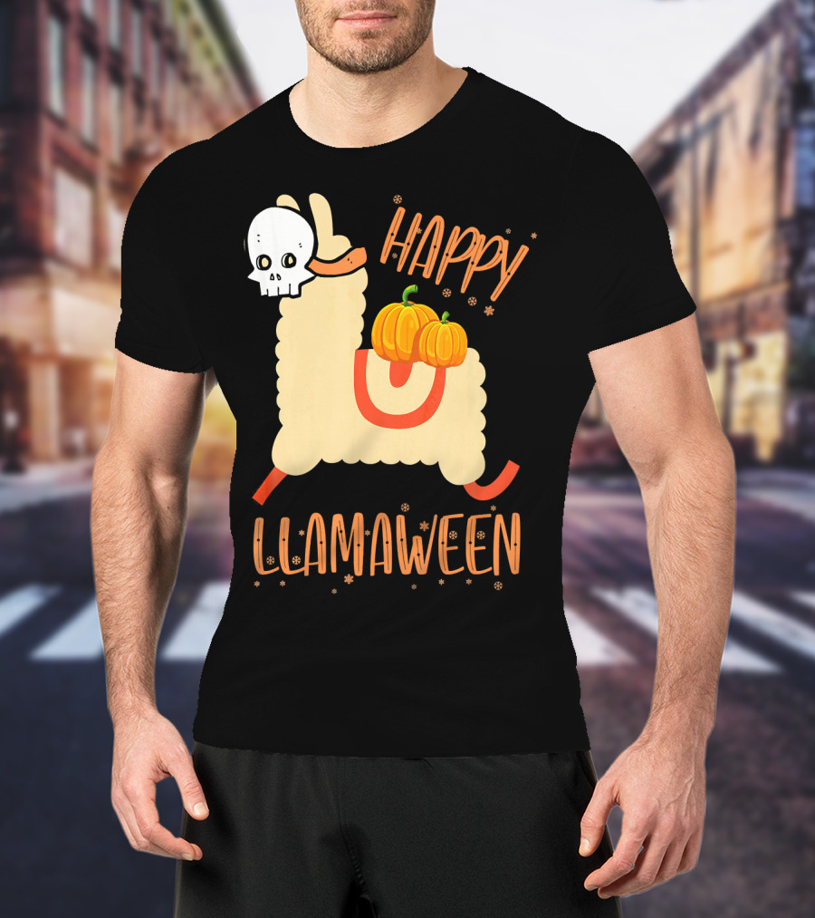 Happy Llamaween Funny Halloween Llama With Pumpkins T-Shirt