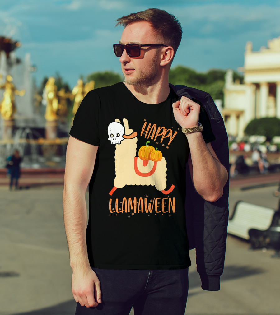 Happy Llamaween Funny Halloween Llama With Pumpkins T-Shirt