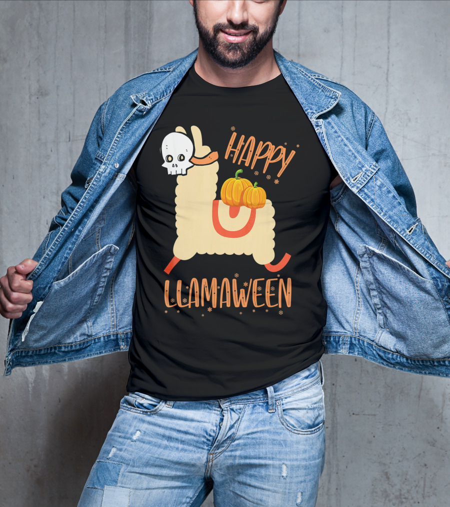 Happy Llamaween Funny Halloween Llama With Pumpkins T-Shirt
