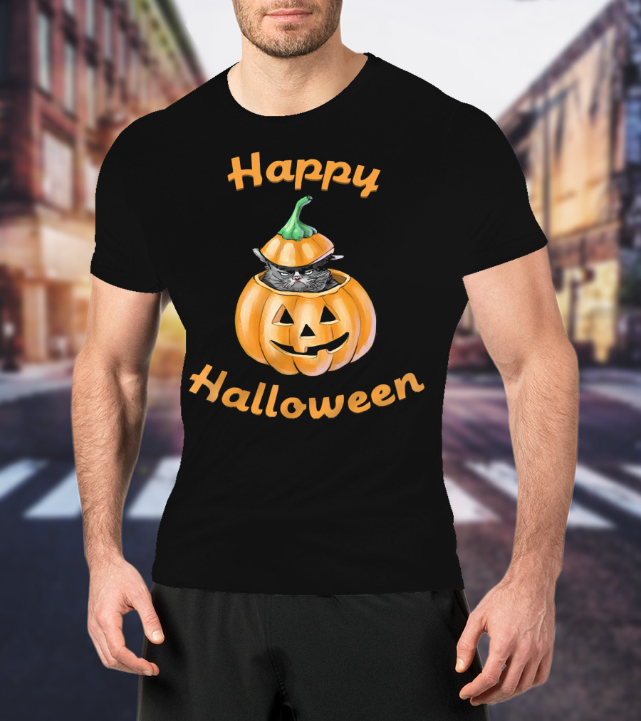 Happy Halloween Funny Cat In Pumpkin T-Shirt