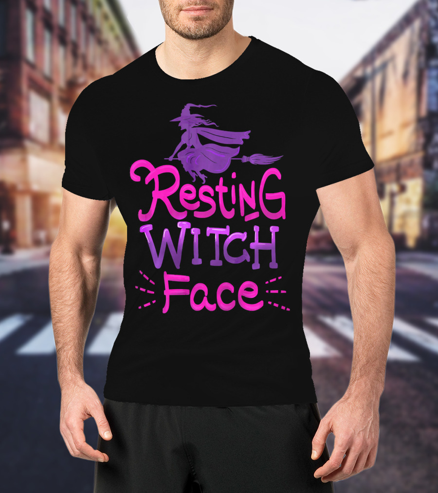 Resting Witch Face Halloween Broomstick T-Shirt