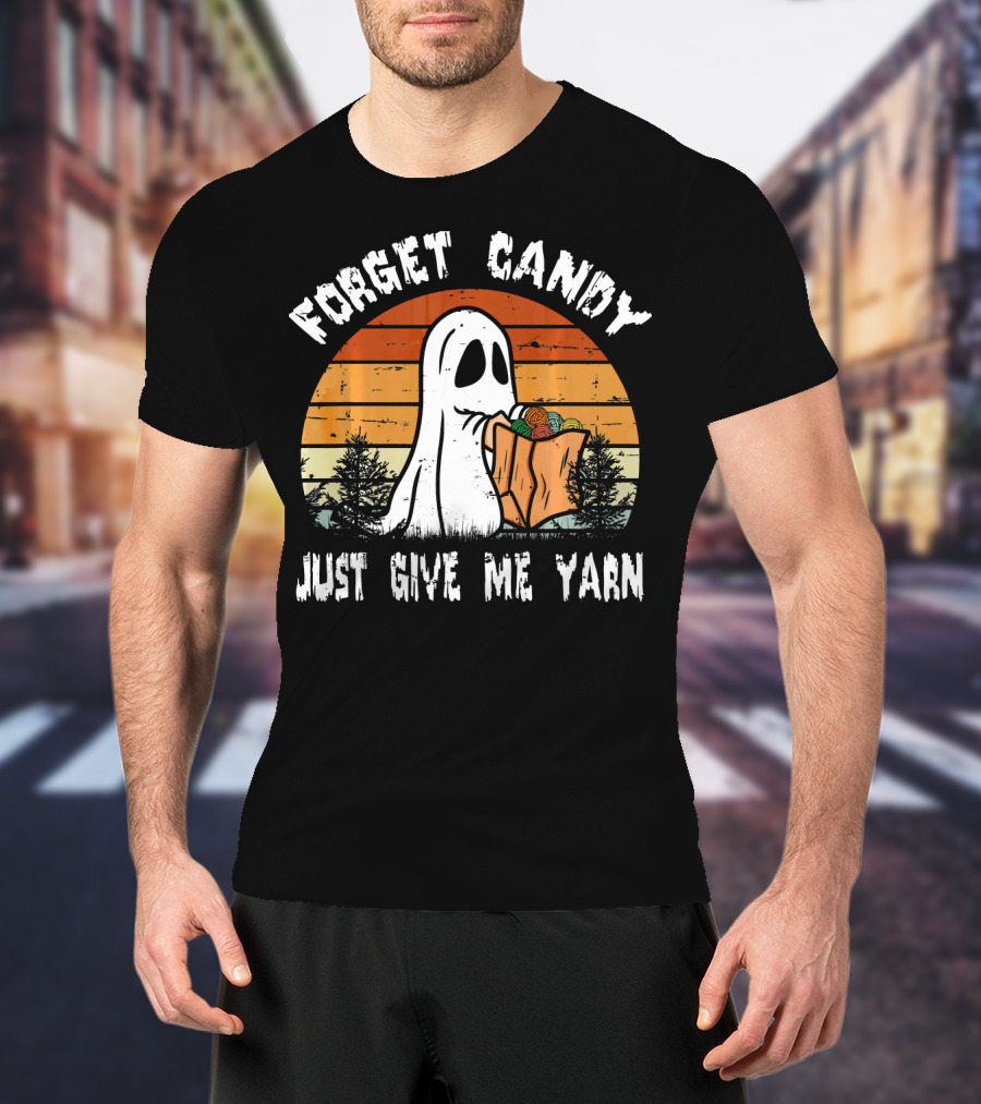 Forget Candy Just Give Me Yarn Ghost With Retro Sunset And Trees T-Shirt