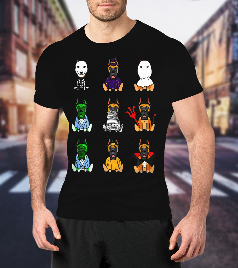 Great Dane Dog Lover Halloween Costume Grid Featuring Skeleton, Witch, Ghost, Frankenstein, Mummy, Devil, Dracula, And More T-Shirt