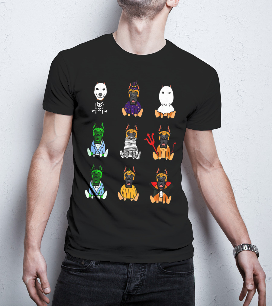 Great Dane Dog Lover Halloween Costume Grid Featuring Skeleton, Witch, Ghost, Frankenstein, Mummy, Devil, Dracula, And More T-Shirt