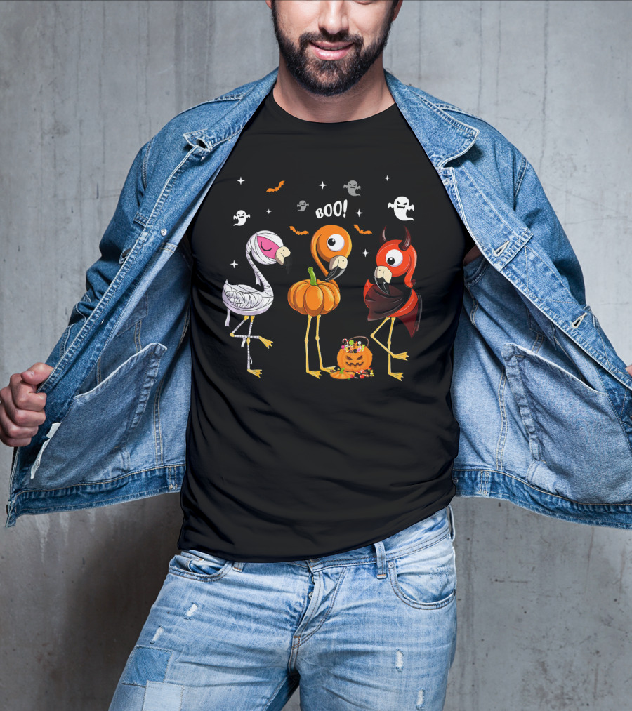 Funny Three Halloween Boo Flamingoes Pumpkin Ghosts T-Shirt