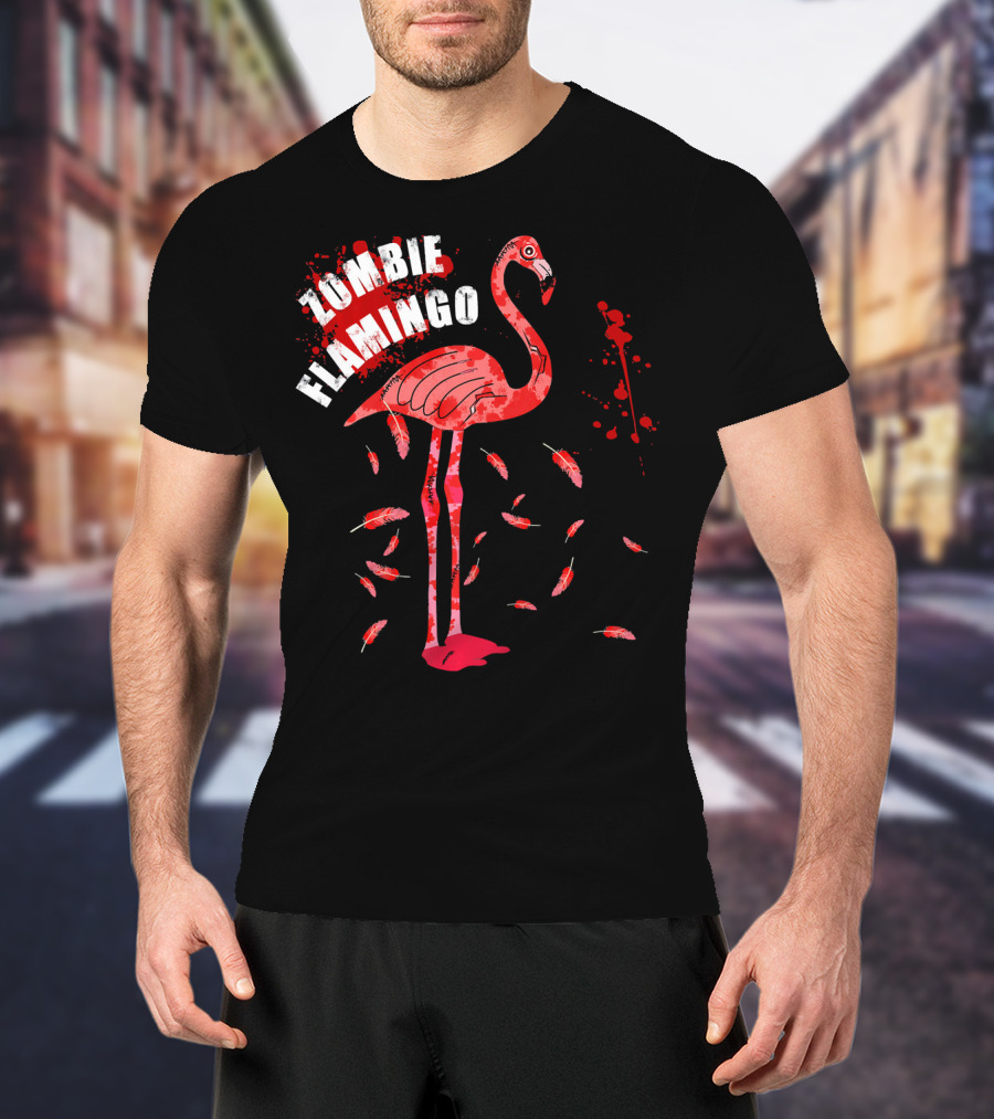 Zombie Flamingo Bird Feathers Splatter T-Shirt