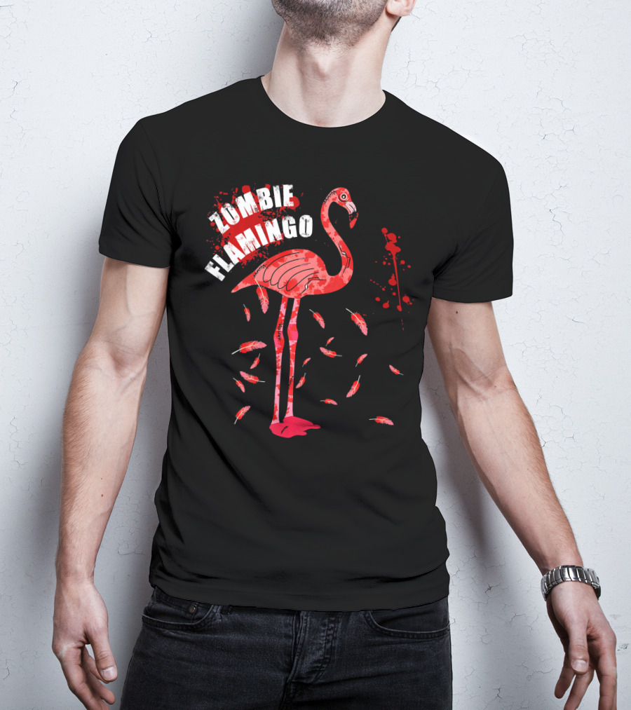 Zombie Flamingo Bird Feathers Splatter T-Shirt