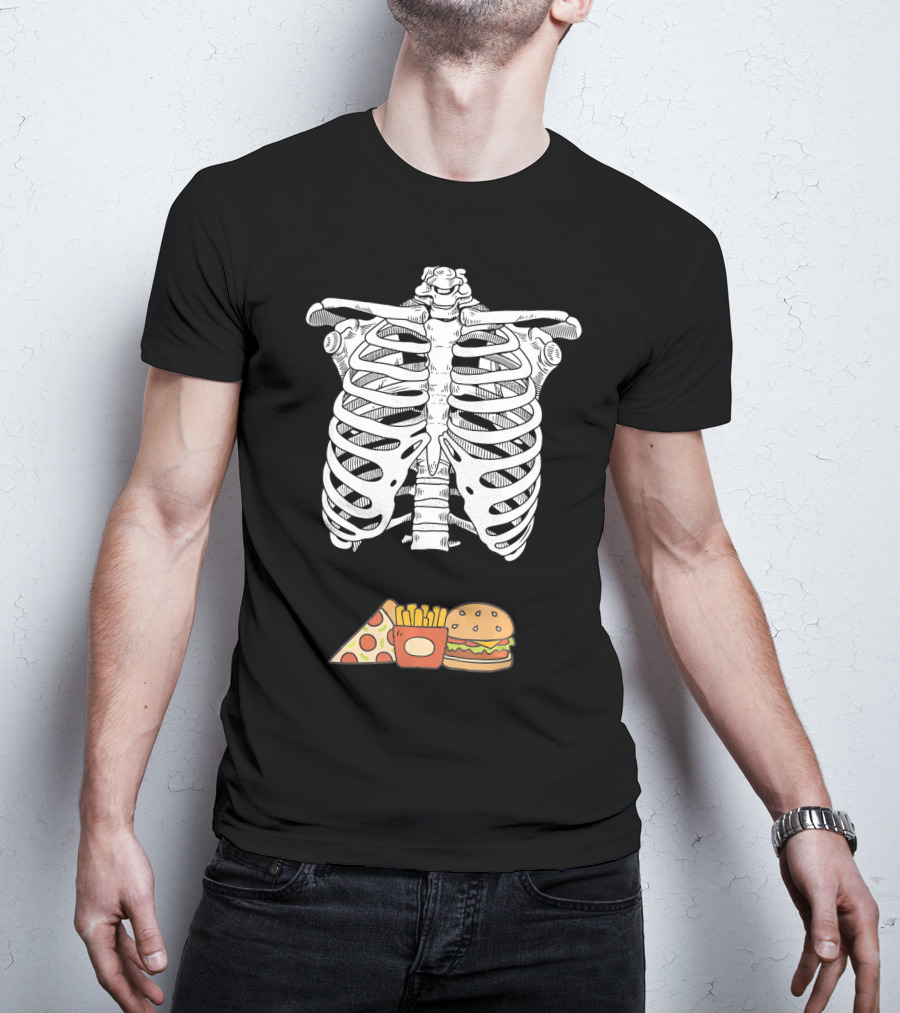 Skeleton Eating Pizza Fries And Burger T-Shirt