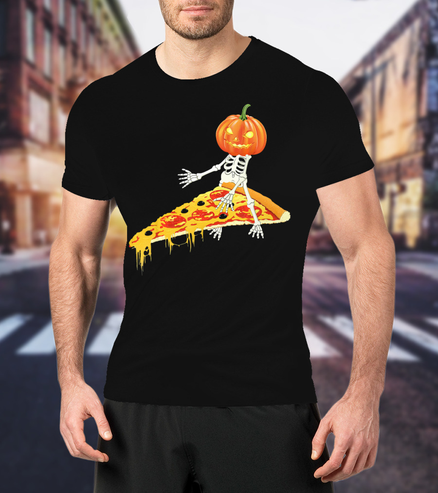 Pumpkin Head Skeleton Sitting On Pizza Slice With Pepperoni T-Shirt