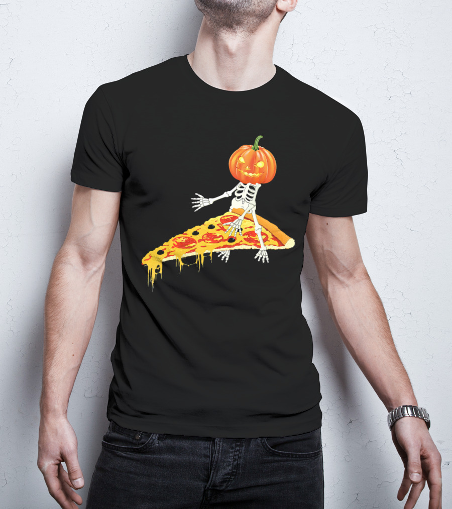 Pumpkin Head Skeleton Sitting On Pizza Slice With Pepperoni T-Shirt