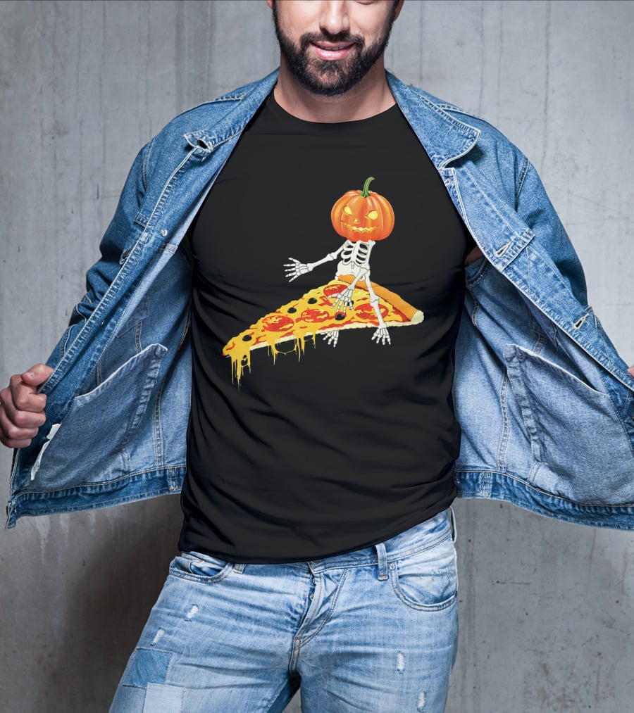 Pumpkin Head Skeleton Sitting On Pizza Slice With Pepperoni T-Shirt