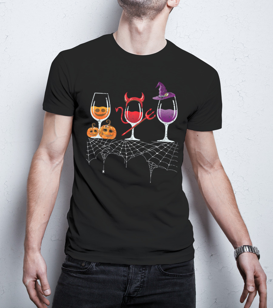 Vintage Halloween Red Devil Purple Witch Wine Glass Pumpkin Faces T-Shirt