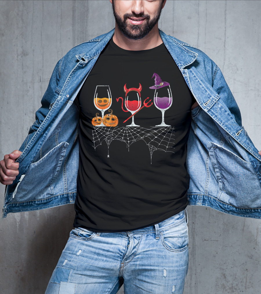 Vintage Halloween Red Devil Purple Witch Wine Glass Pumpkin Faces T-Shirt