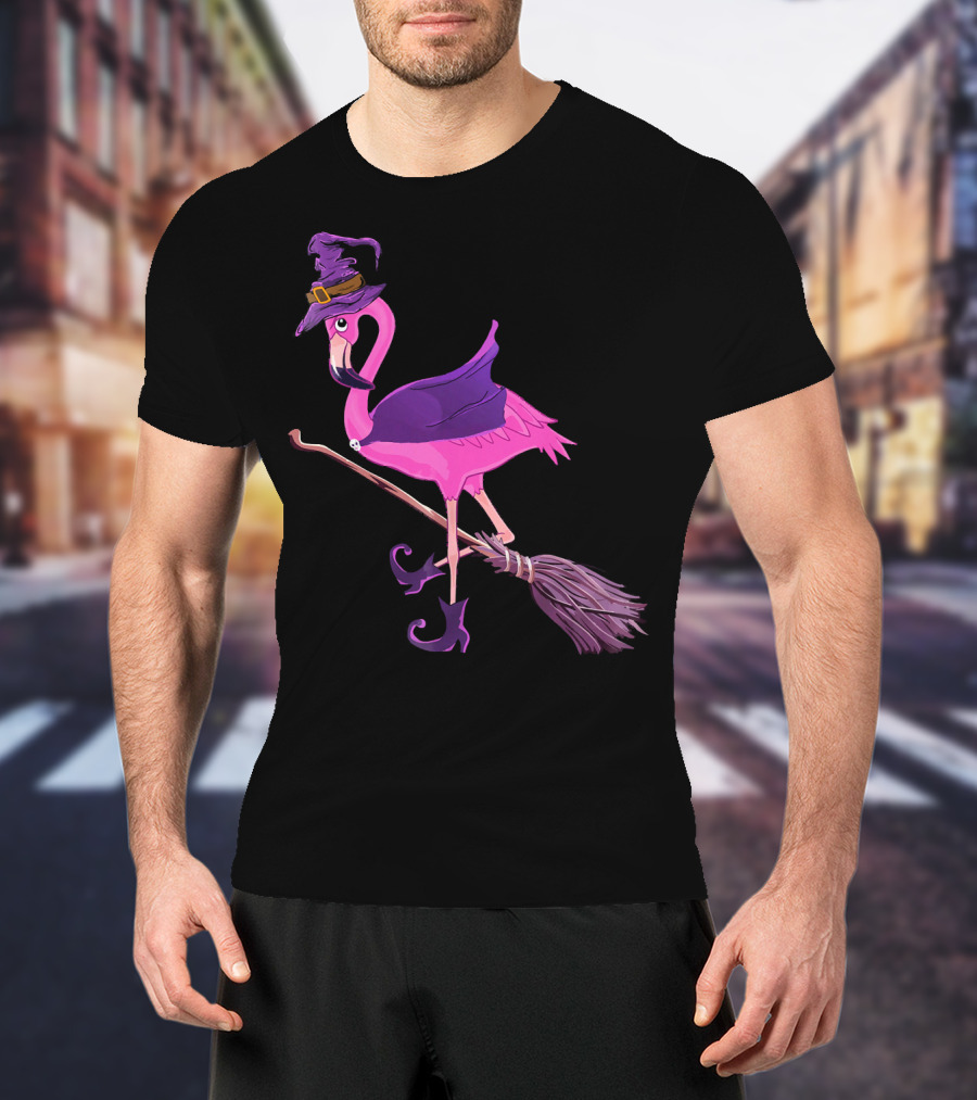 Flamingo Witch Riding Broomstick Funny Halloween T-Shirt