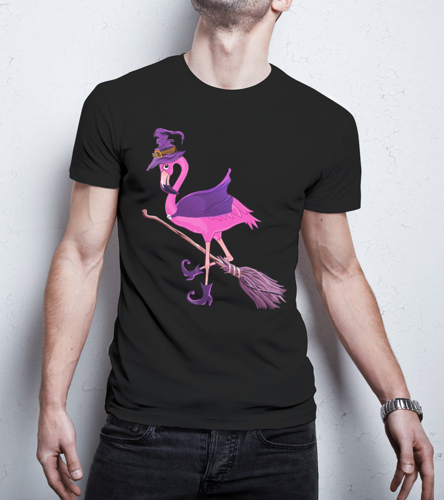 Flamingo Witch Riding Broomstick Funny Halloween T-Shirt