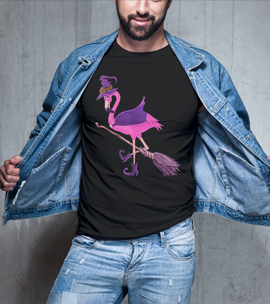 Flamingo Witch Riding Broomstick Funny Halloween T-Shirt