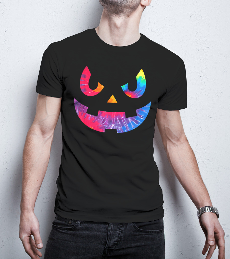 Scary Rainbow Tie Dye Jack O Lantern Face T-Shirt