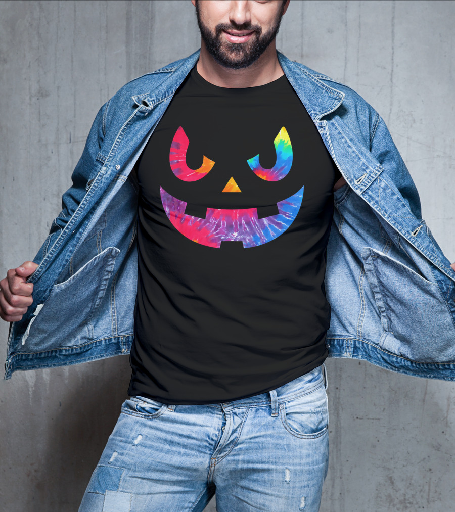 Scary Rainbow Tie Dye Jack O Lantern Face T-Shirt