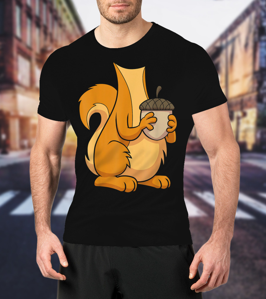 Squirrel Holding Acorn Cartoon T-Shirt