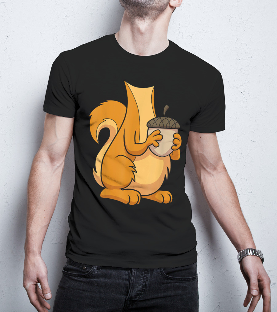Squirrel Holding Acorn Cartoon T-Shirt