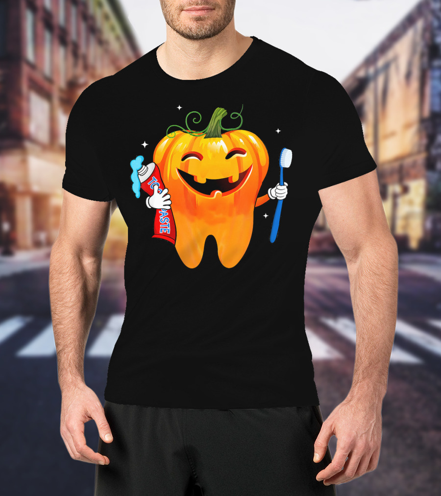Dental Toothpaste Halloween Pumpkin With Toothbrush T-Shirt