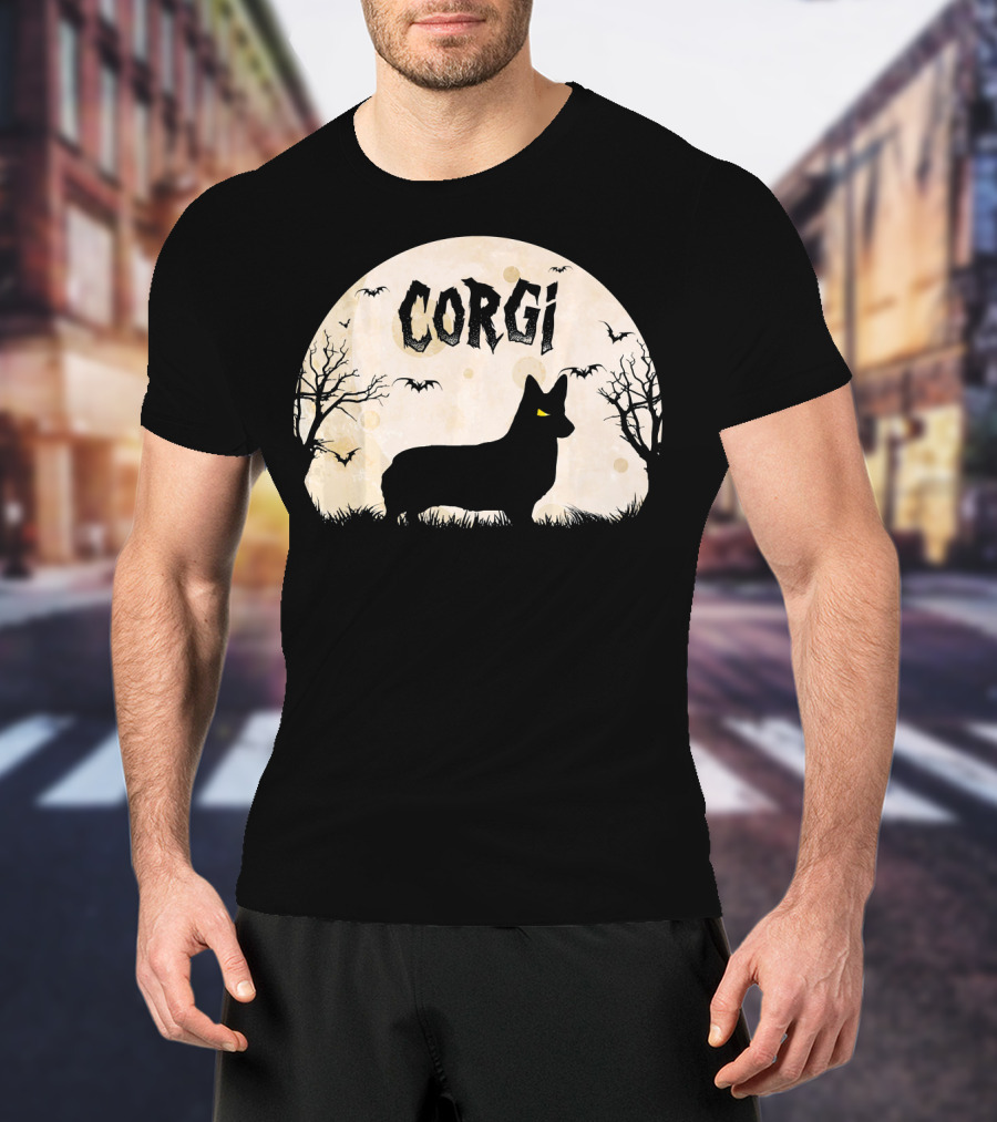 Corgi Halloween Horror Silhouette With Moon And Bats T-Shirt
