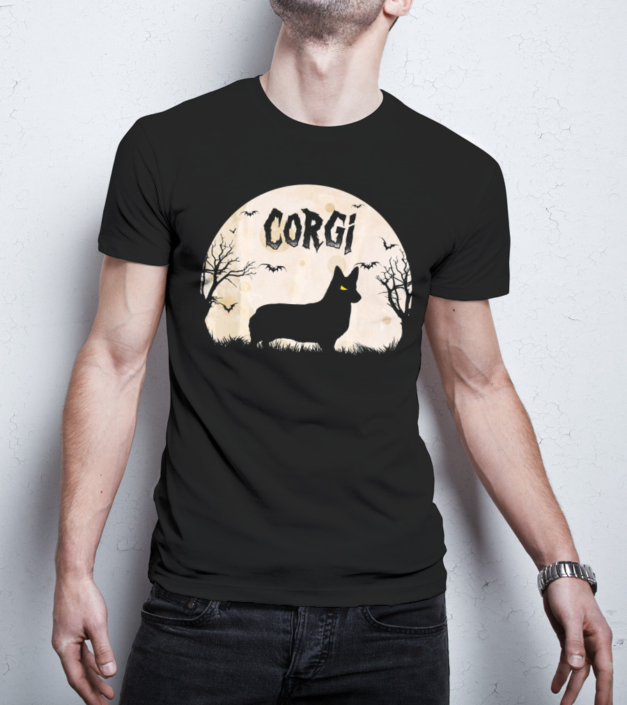 Corgi Halloween Horror Silhouette With Moon And Bats T-Shirt