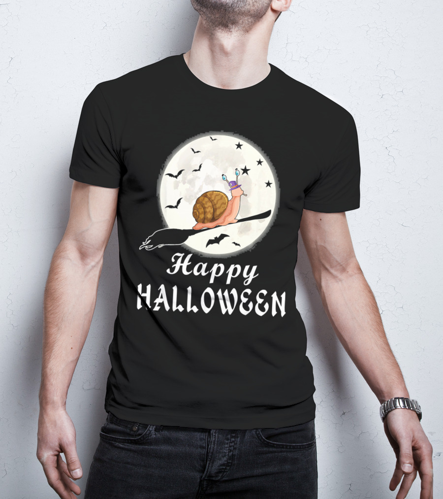 Happy Halloween Snail Riding Broomstick With Full Moon And Bats T-Shirt