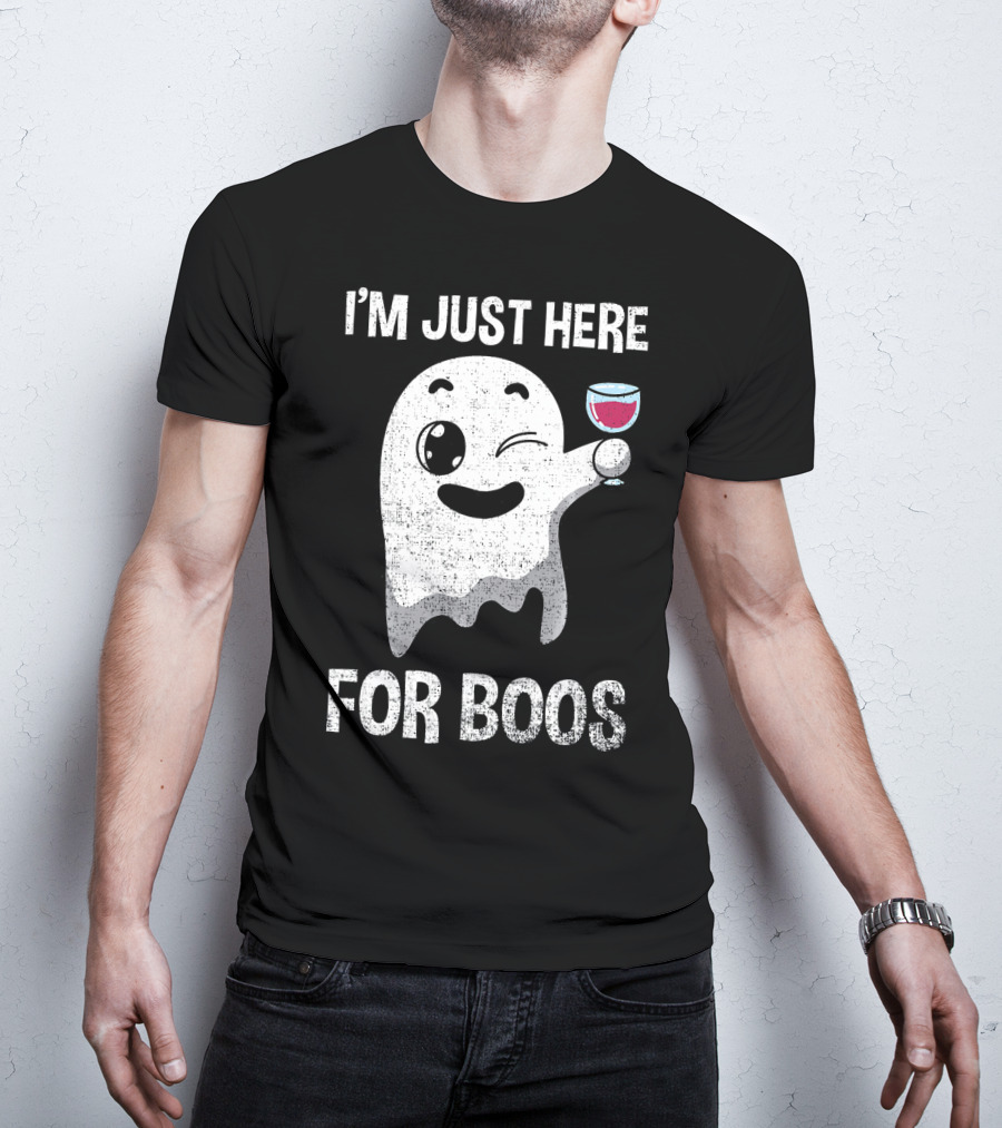 I'M JUST HERE FOR BOOS Ghost Holding Wine Glass T-Shirt