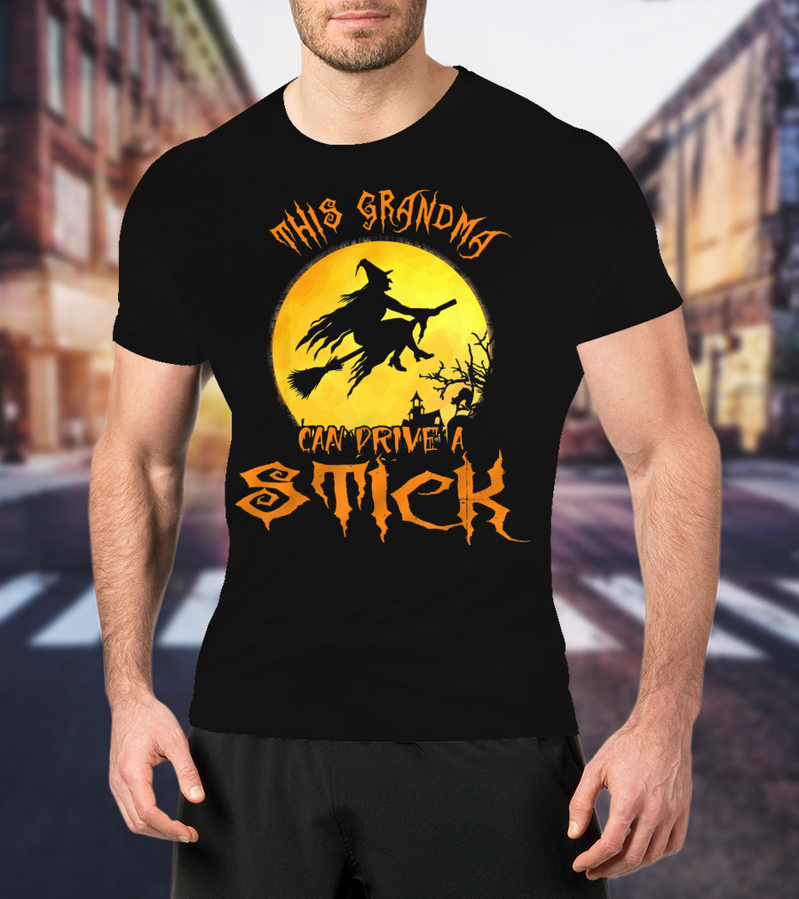This Grandma Can Drive A Stick Witch Silhouette Flying Broomstick Full Moon Halloween Scene T-Shirt