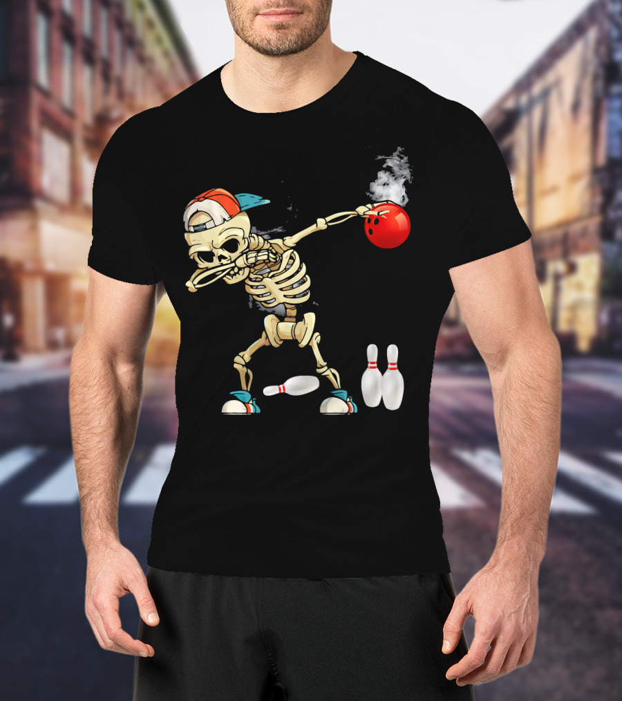 Dabbing Skeleton Holding Red Bowling Ball With Pins T-Shirt