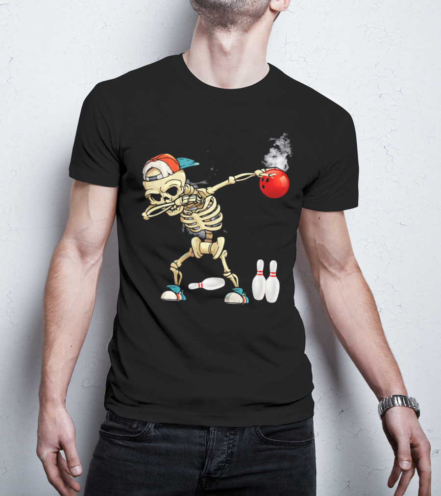 Dabbing Skeleton Holding Red Bowling Ball With Pins T-Shirt