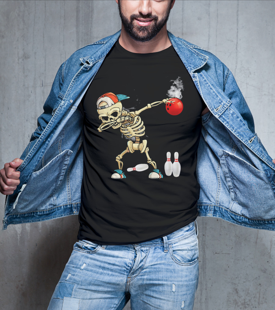 Dabbing Skeleton Holding Red Bowling Ball With Pins T-Shirt