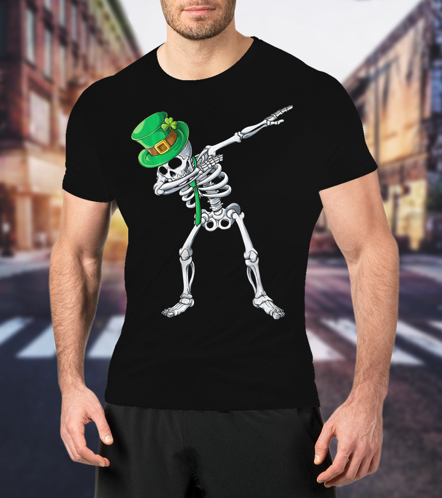 Dabbing Skeleton In Green Leprechaun Hat With Clover T-Shirt